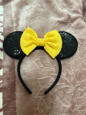 Sequin Minnie Mouse Ears Headband with Yellow Bow